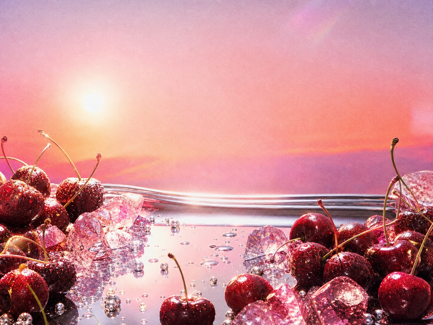 Cherries and pink ice on a reflective tray beneath a radiant sky