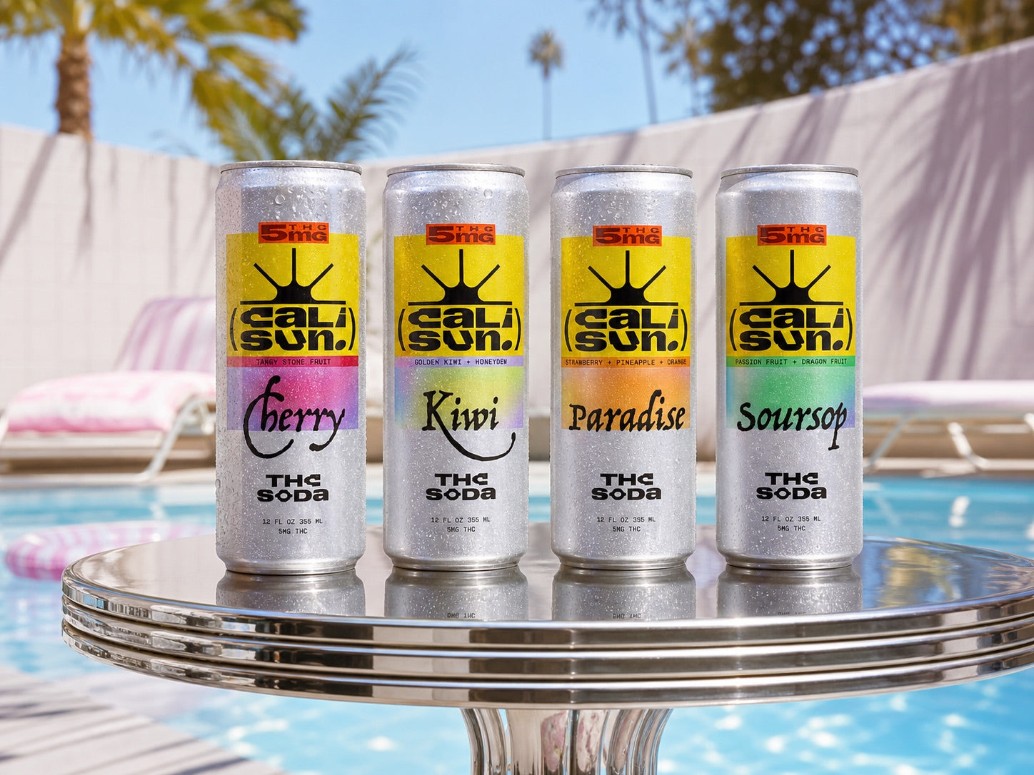 Cherry, Kiwi, Paradise, and Soursop Cali Sun cans beside a swimming pool
